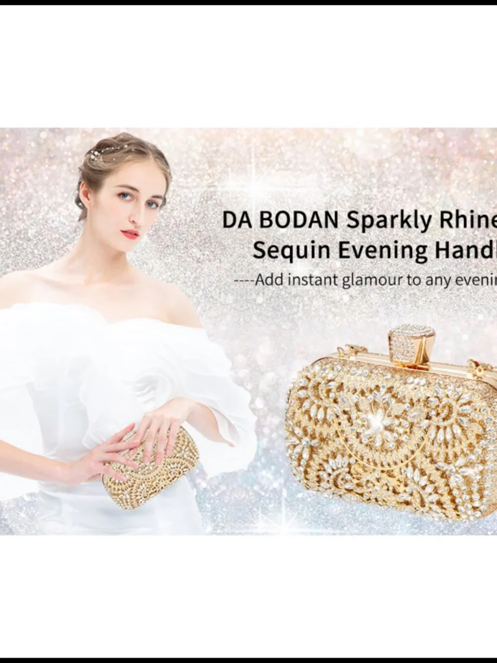Rhinestone Sequin Clutch Evening Bag Metal Frame Removable Chain